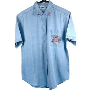 VTG Northern Reflections Embroidered Teddy Bear Denim Shirt Women's Medium Blue